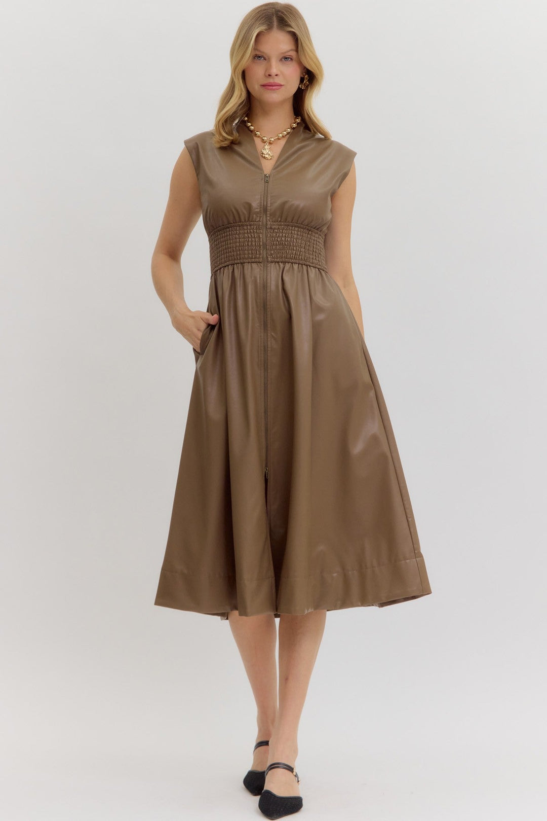 Faux Leather Smocked Waist Midi Dress - Lush Lemon - Women's Clothing - Entro - 92236591340189