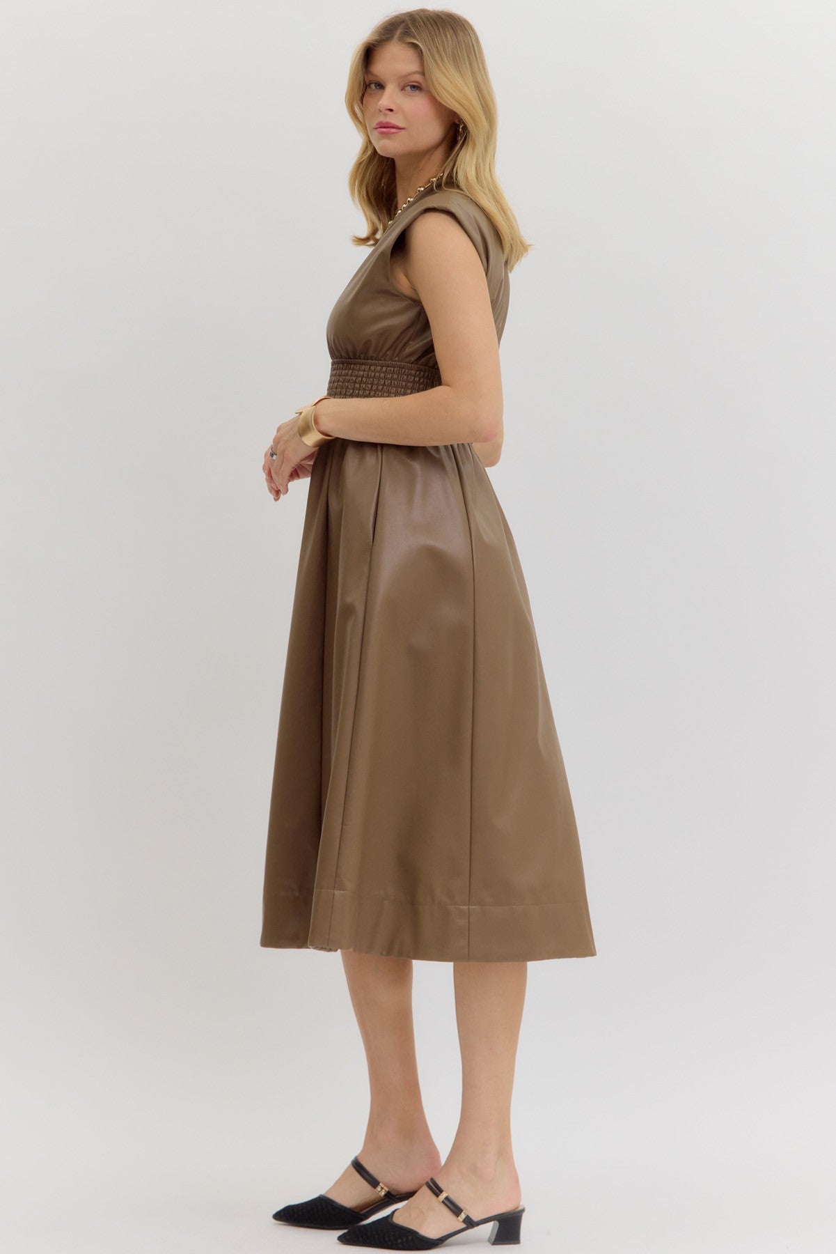 Faux Leather Smocked Waist Midi Dress - Entro - Lush Lemon Black / S Faux Leather Smocked Waist Midi Dress - Entro - Lush Lemon Black / S