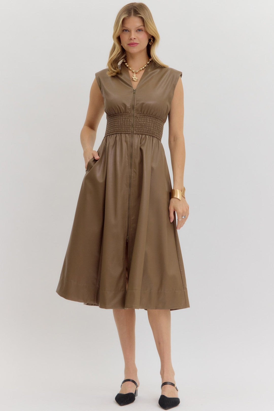 Faux Leather Smocked Waist Midi Dress - Lush Lemon - Women's Clothing - Entro - 92236591340189