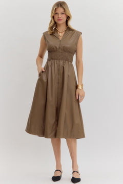 Faux Leather Smocked Waist Midi Dress - Lush Lemon - Women&