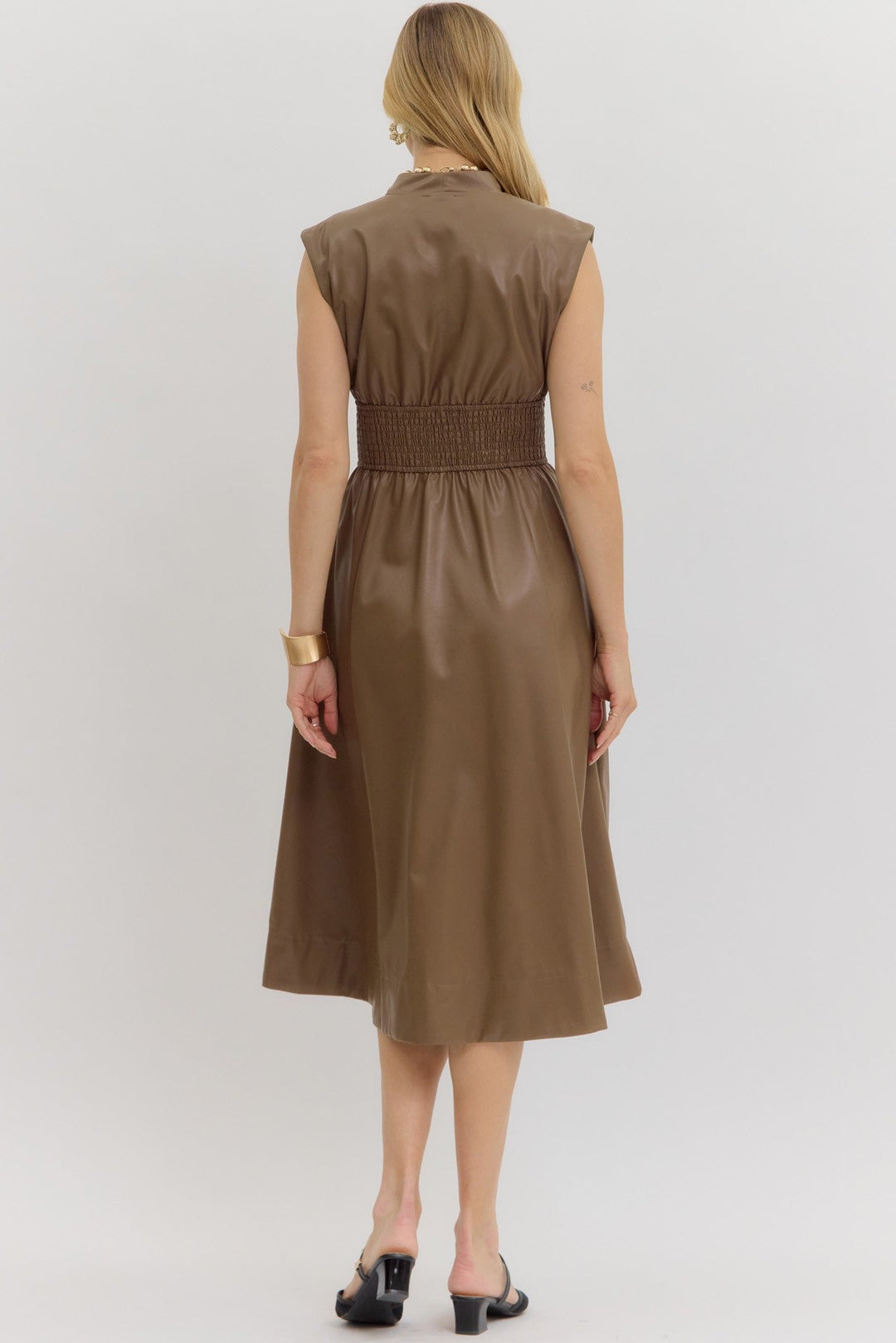 Faux Leather Smocked Waist Midi Dress - Lush Lemon - Women's Clothing - Entro - 92236591340189