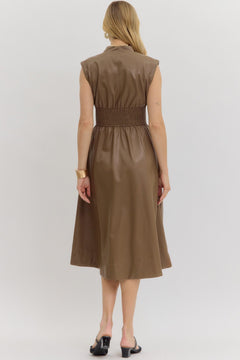 Faux Leather Smocked Waist Midi Dress - Lush Lemon - Women&