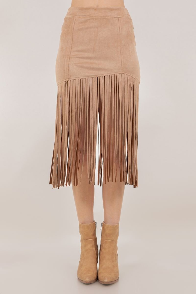 Faux Suede Fringe Midi Skirt - Lush Lemon - Women's Clothing - Saints & Hearts - 11008591099901