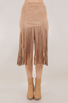 Faux Suede Fringe Midi Skirt - Lush Lemon - Women&