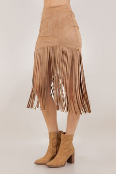 Faux Suede Fringe Midi Skirt - Lush Lemon - Women&