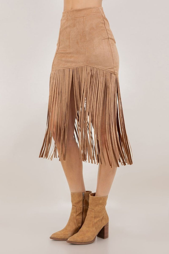 Faux Suede Fringe Midi Skirt - Lush Lemon - Women's Clothing - Saints & Hearts - 11008591099901