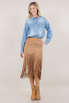 Faux Suede Fringe Midi Skirt - Lush Lemon - Women&
