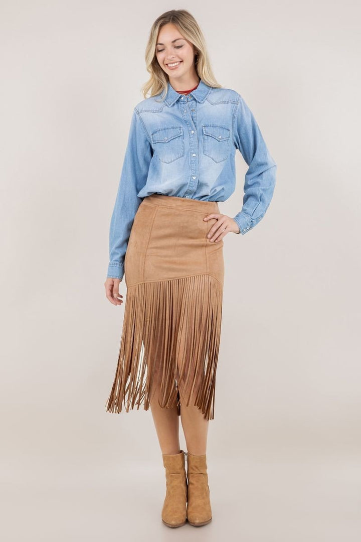 Faux Suede Fringe Midi Skirt - Lush Lemon - Women's Clothing - Saints & Hearts - 11008591099901