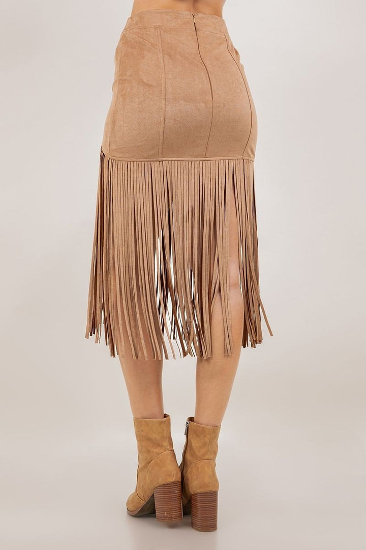 Faux Suede Fringe Midi Skirt - Lush Lemon - Women's Clothing - Saints & Hearts - 11008591099901