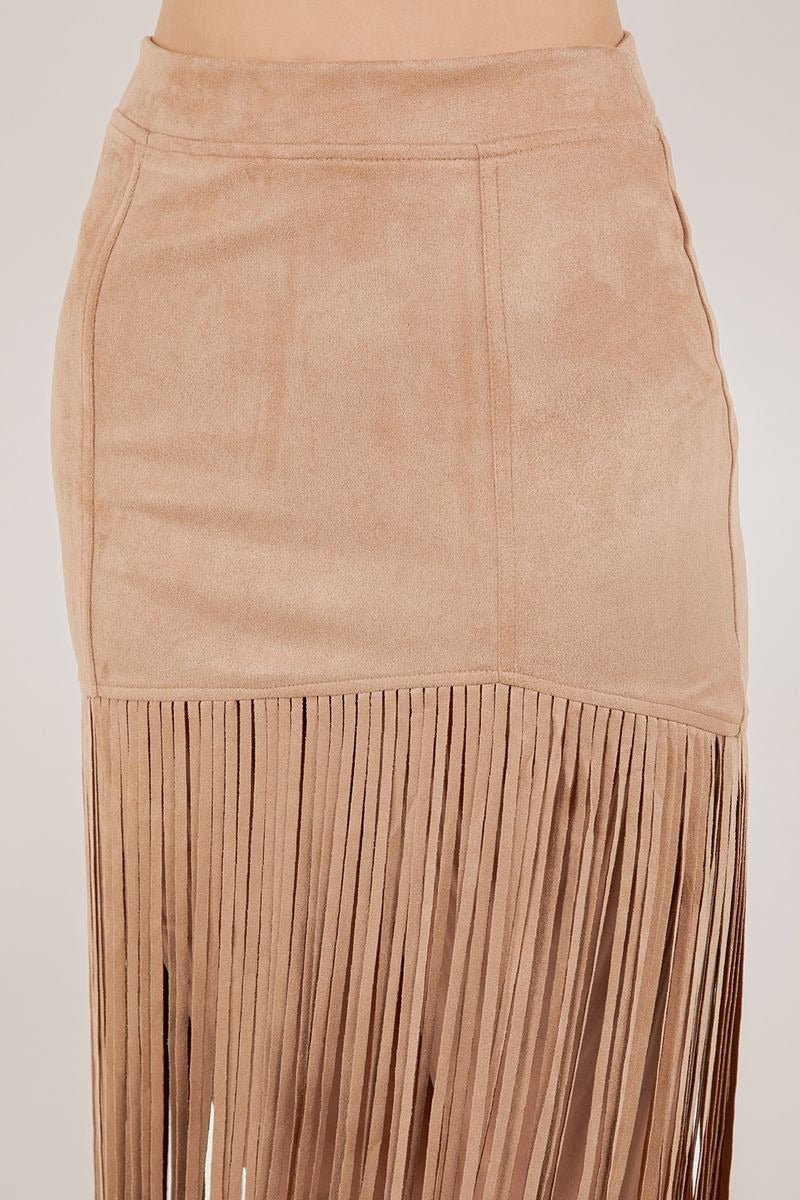 Faux Suede Fringe Midi Skirt - Lush Lemon - Women's Clothing - Saints & Hearts - 11008591099901