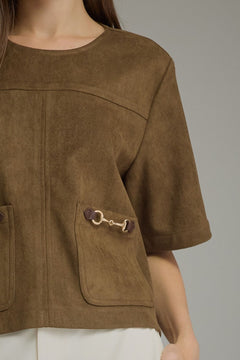 Faux Suede Hardware Pocket Top - Lush Lemon - Women&