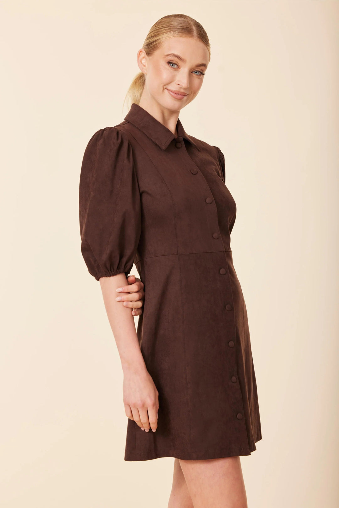 Faux Suede Puff Shoulder Dress - Lush Lemon - Women's Clothing - Dolce Cabo - 93336741079933