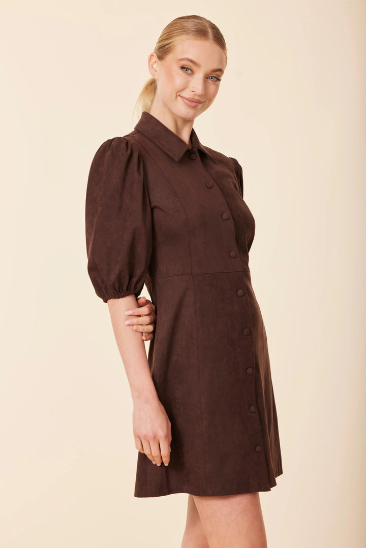 Faux Suede Puff Shoulder Dress - Lush Lemon - Women's Clothing - Dolce Cabo - 93336741079933