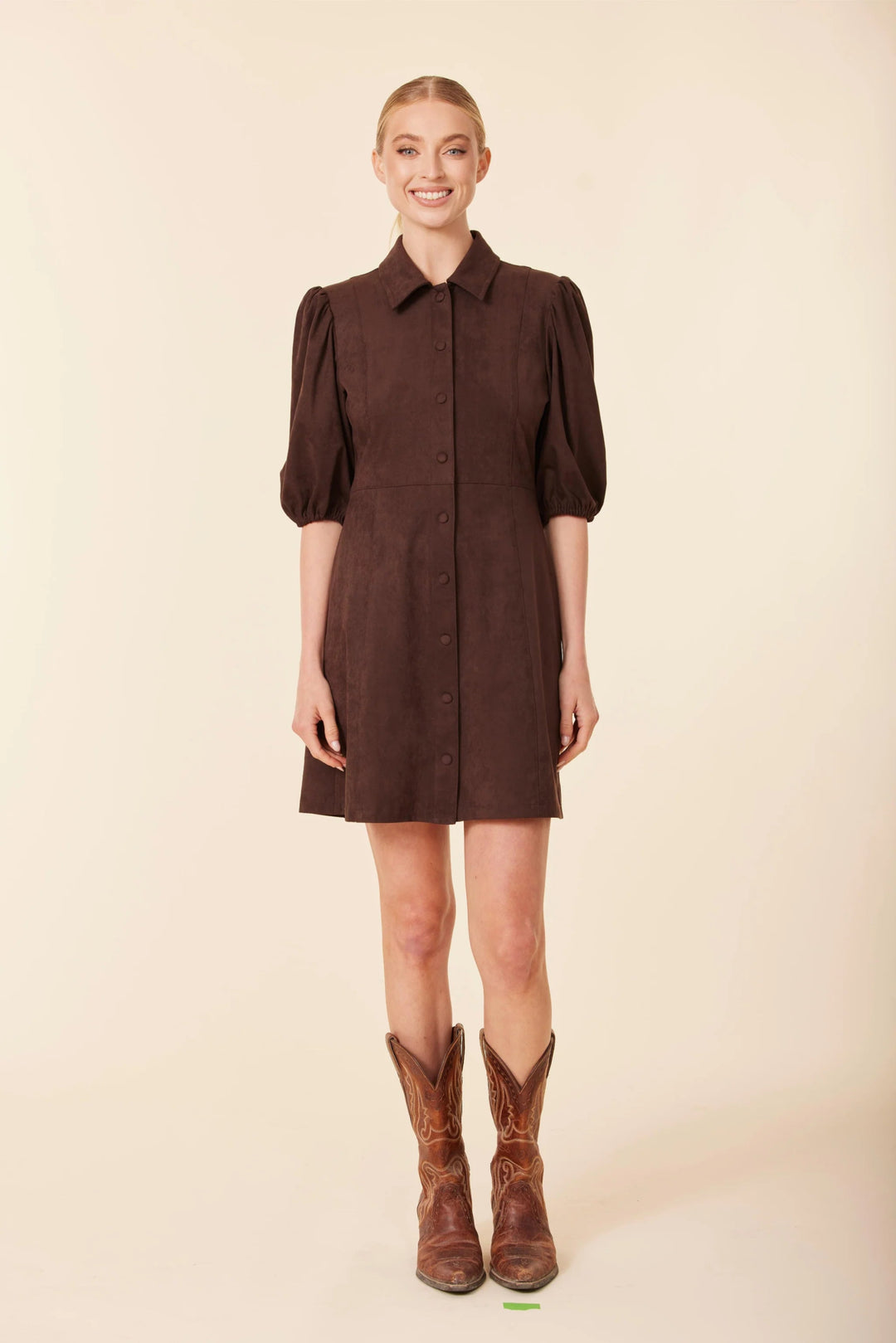 Faux Suede Puff Shoulder Dress - Lush Lemon - Women's Clothing - Dolce Cabo - 93336741079933