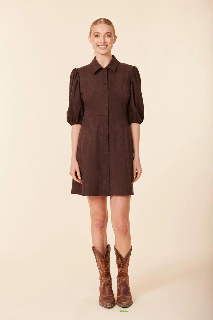 Faux Suede Puff Shoulder Dress - Lush Lemon - Women's Clothing - Dolce Cabo - 93336741079933