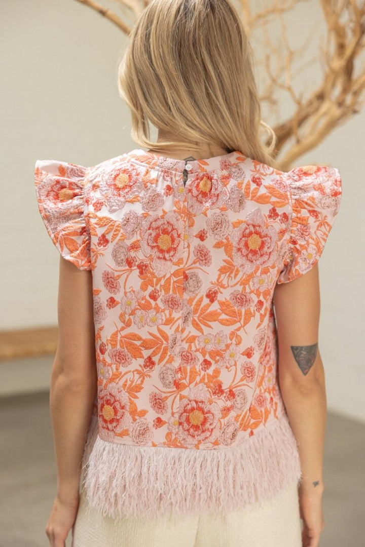 Feather Fringe Floral Jacquard Top - Lush Lemon - Women's Clothing - Voy - 93144711097821