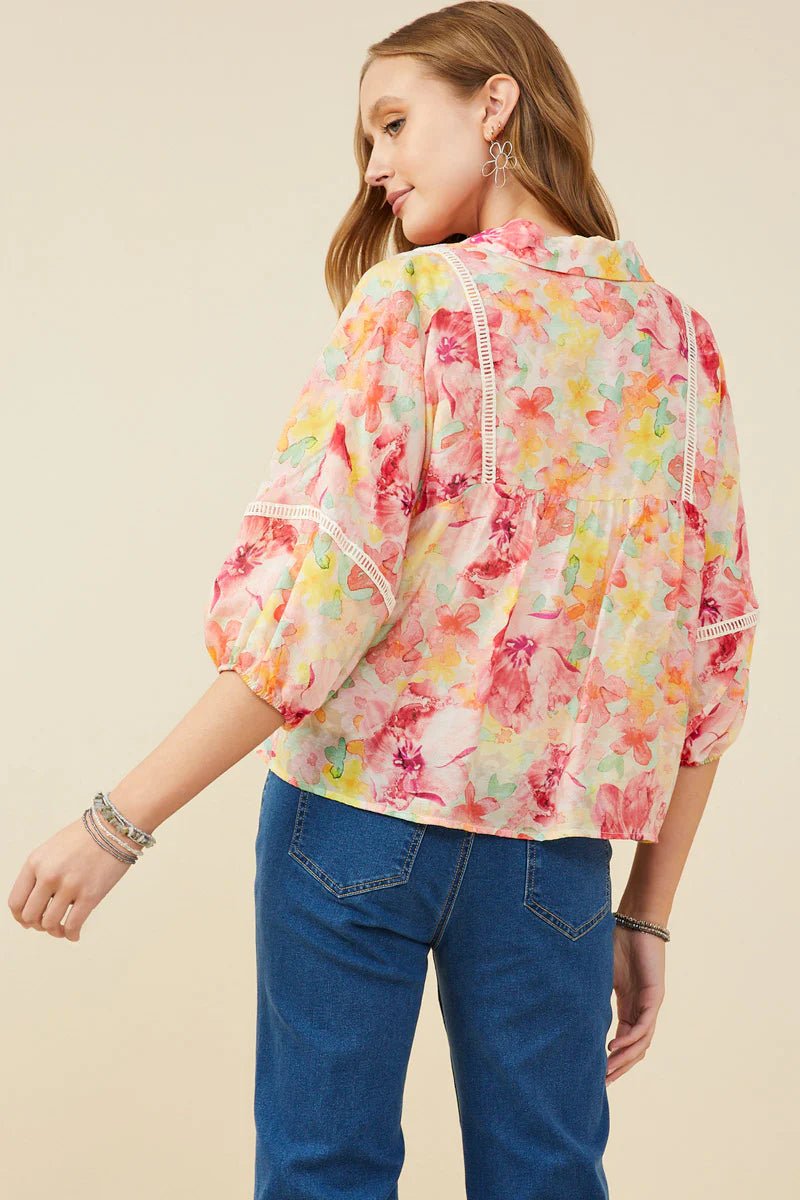 Floral Babydoll Top W/ Crochet Trim - Lush Lemon - Women's Clothing - Hayden - 98320531096189