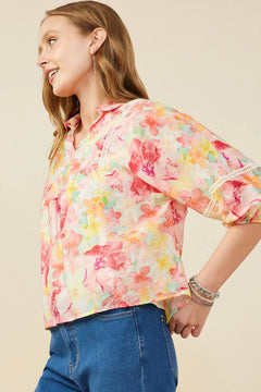Floral Babydoll Top W/ Crochet Trim - Lush Lemon - Women&