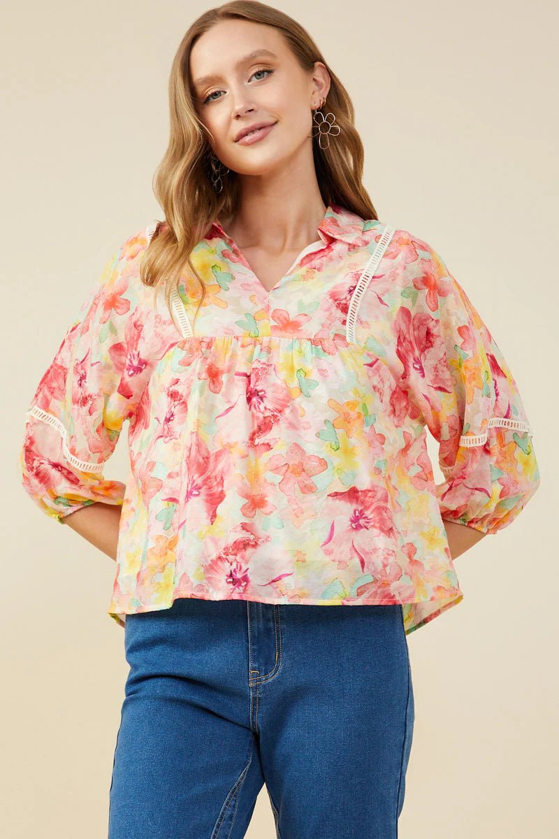 Floral Babydoll Top W/ Crochet Trim - Lush Lemon - Women's Clothing - Hayden - 98320531096189