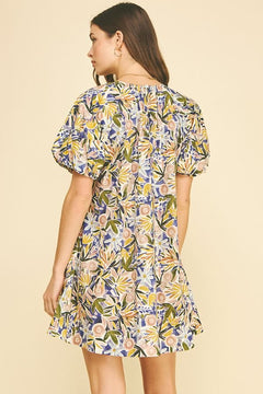 Floral Balloon Sleeve Mini Dress - Lush Lemon - Women&