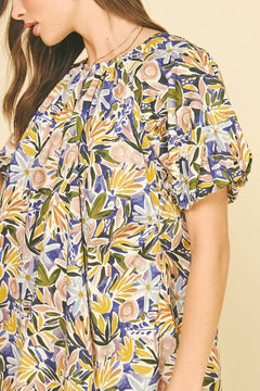 Floral Balloon Sleeve Mini Dress - Lush Lemon - Women&