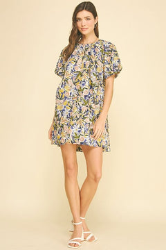Floral Balloon Sleeve Mini Dress - Lush Lemon - Women&