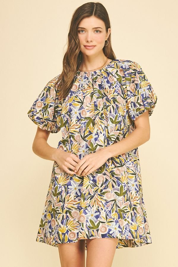 Floral Balloon Sleeve Mini Dress - Lush Lemon - Women's Clothing - Pinch - 21146751055261