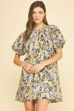 Floral Balloon Sleeve Mini Dress - Lush Lemon - Women&