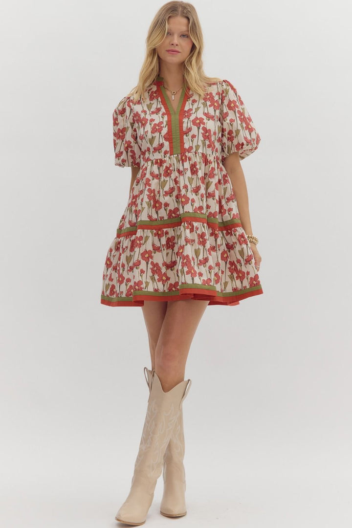 Floral Band Trim Tiered Mini Dress - Lush Lemon - Women's Clothing - Entro - 24436411065885