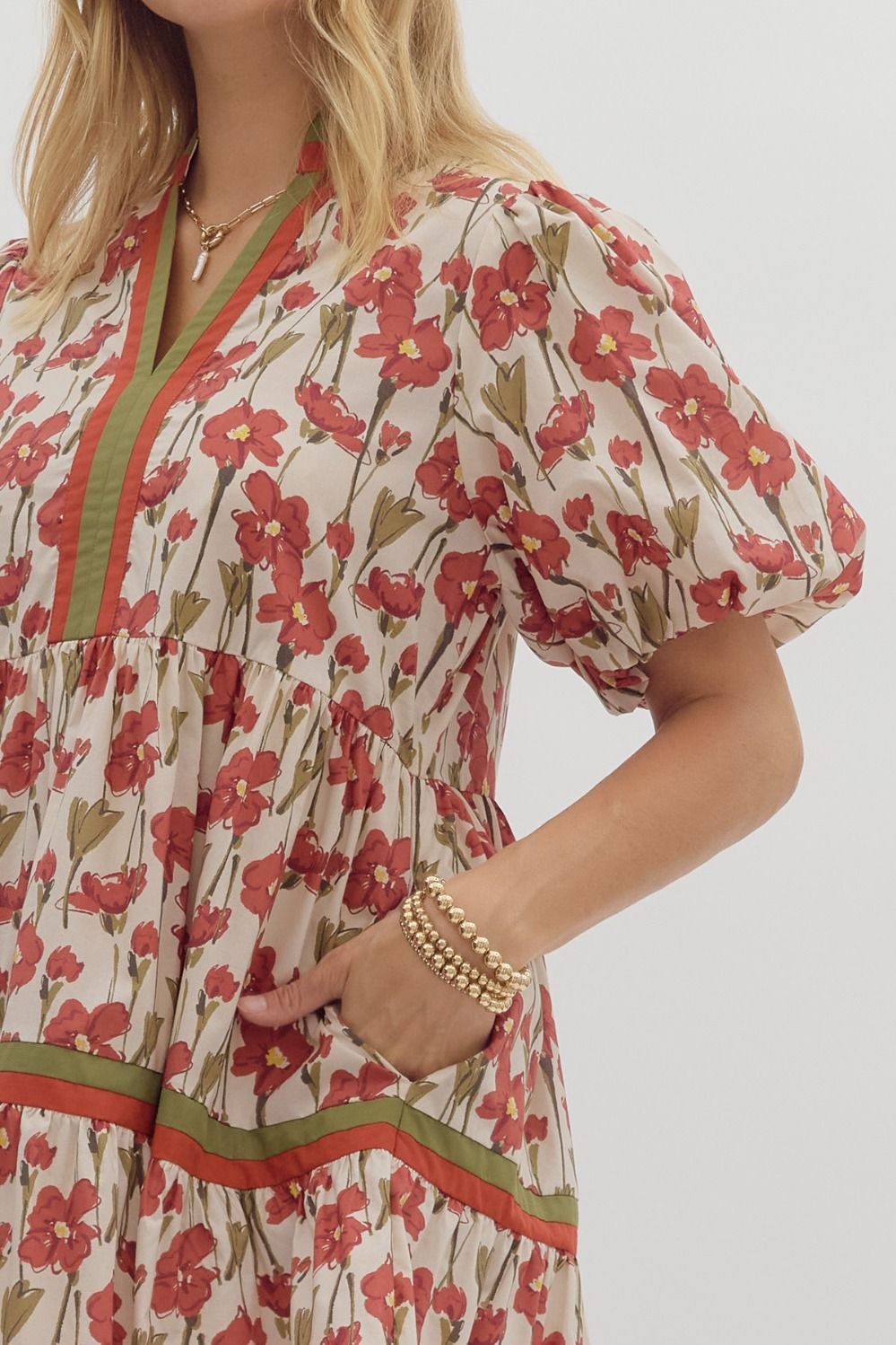 Floral Band Trim Tiered Mini Dress - Lush Lemon - Women's Clothing - Entro - 24436411065885