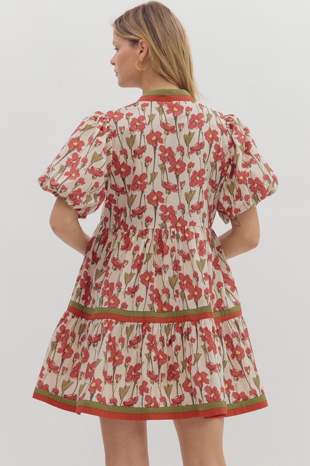 Floral Band Trim Tiered Mini Dress - Lush Lemon - Women's Clothing - Entro - 24436411065885