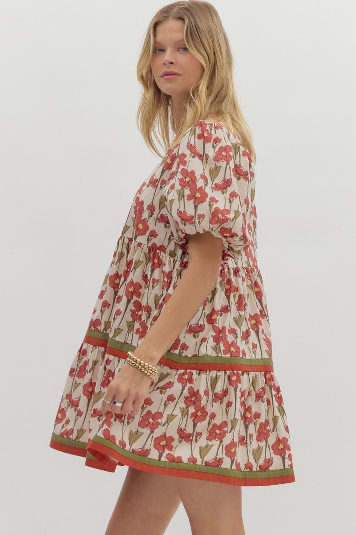 Floral Band Trim Tiered Mini Dress - Lush Lemon - Women's Clothing - Entro - 24436411065885