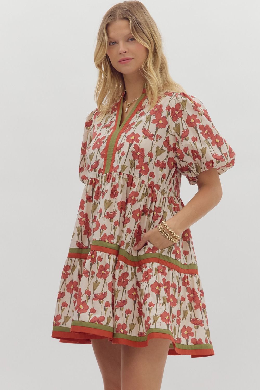 Floral Band Trim Tiered Mini Dress - Lush Lemon - Women's Clothing - Entro - 24436411065885