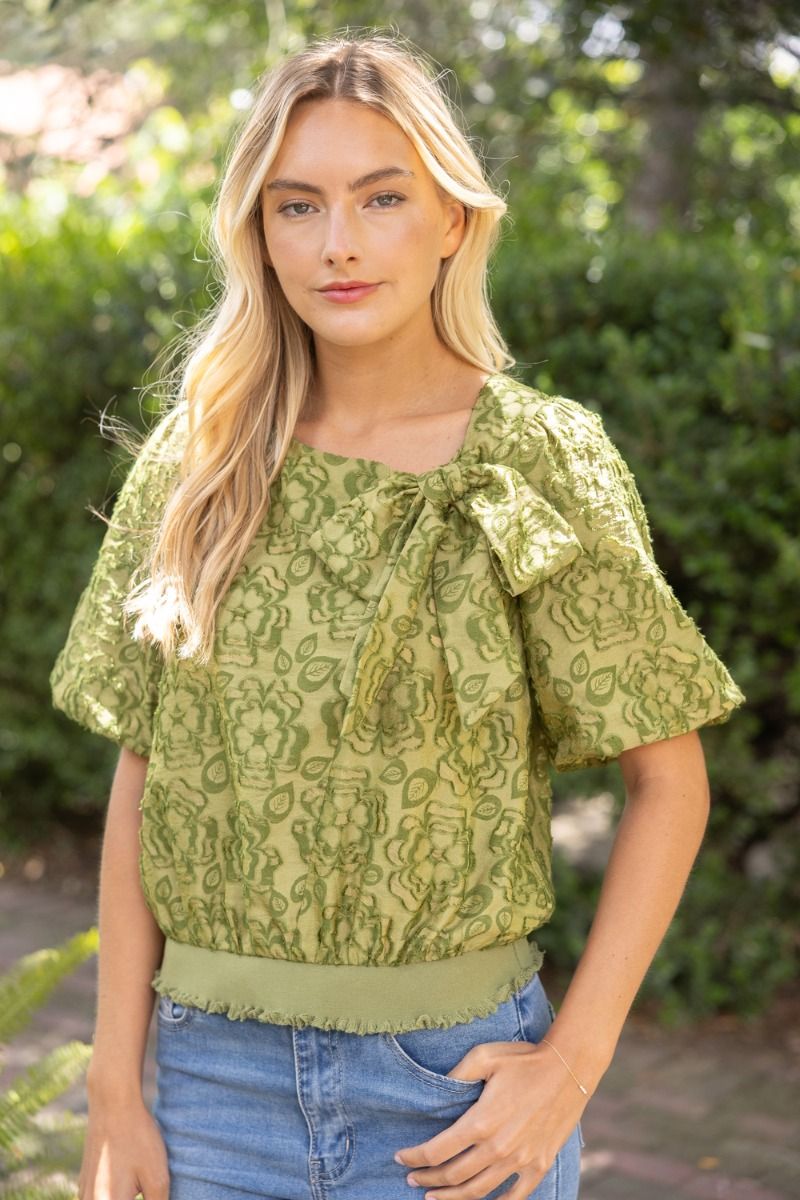 Floral Burnout Bow Top - Lush Lemon - Women's Clothing - Voy - 55069131350525