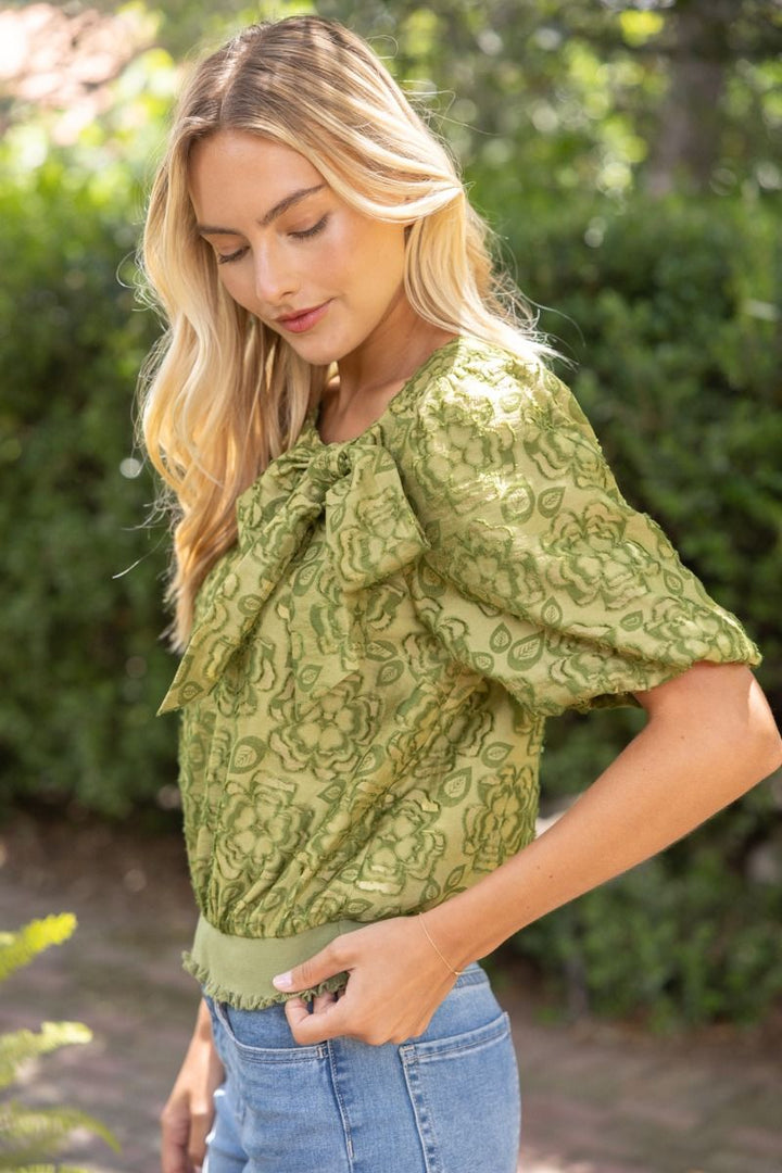 Floral Burnout Bow Top - Lush Lemon - Women's Clothing - Voy - 55069131350525