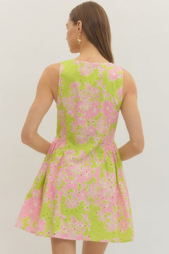 Floral Button Front Mini Dress - Lush Lemon - Women&