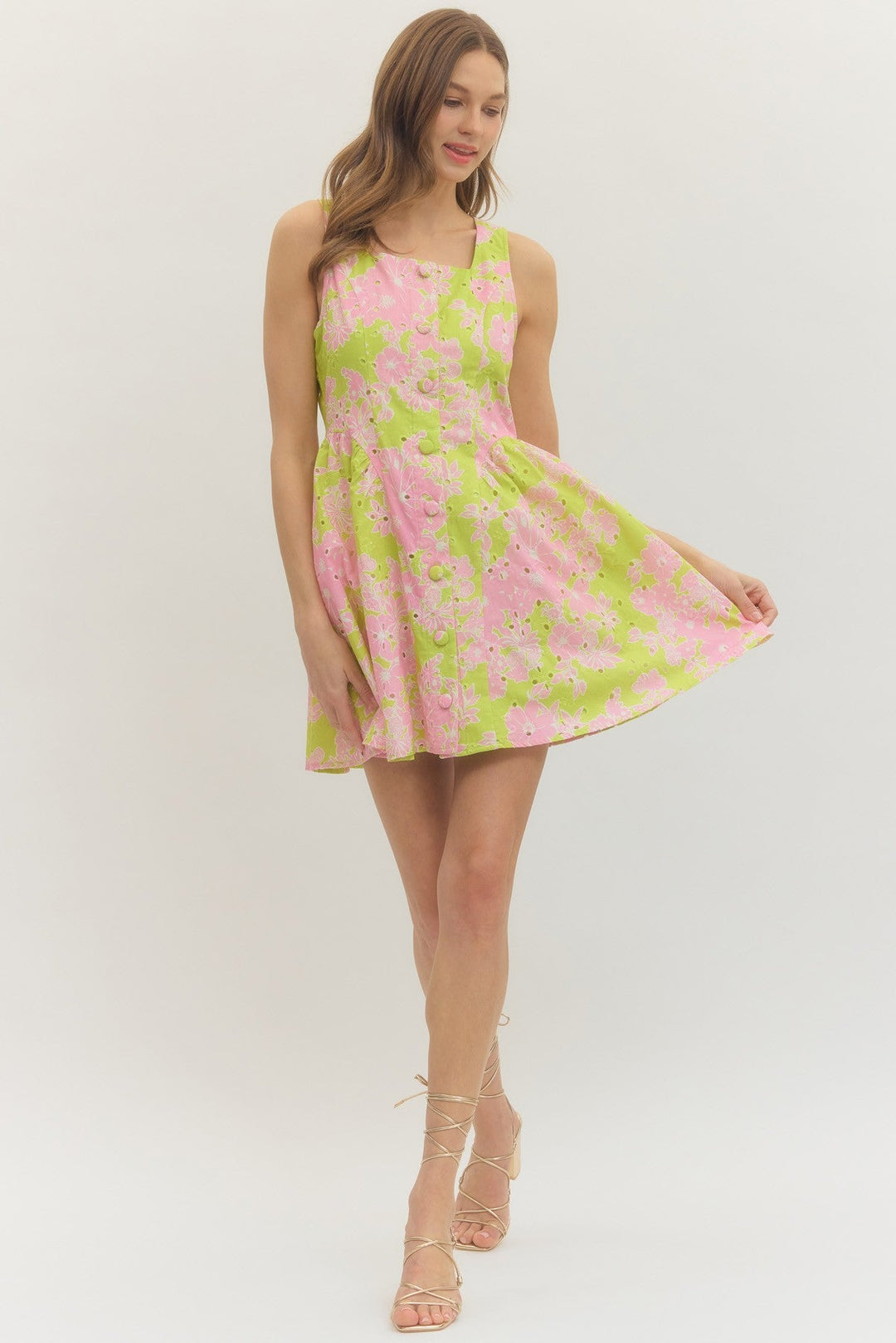 Floral Button Front Mini Dress - Lush Lemon - Women's Clothing - Entro - 90488511048957