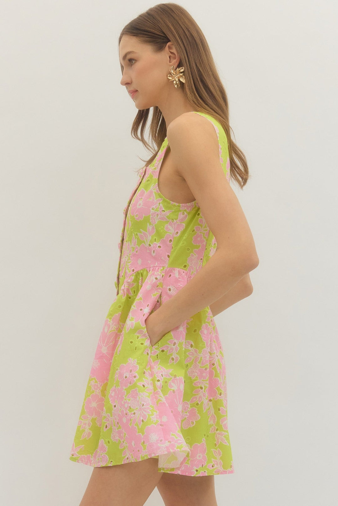 Floral Button Front Mini Dress - Lush Lemon - Women's Clothing - Entro - 90488511048957