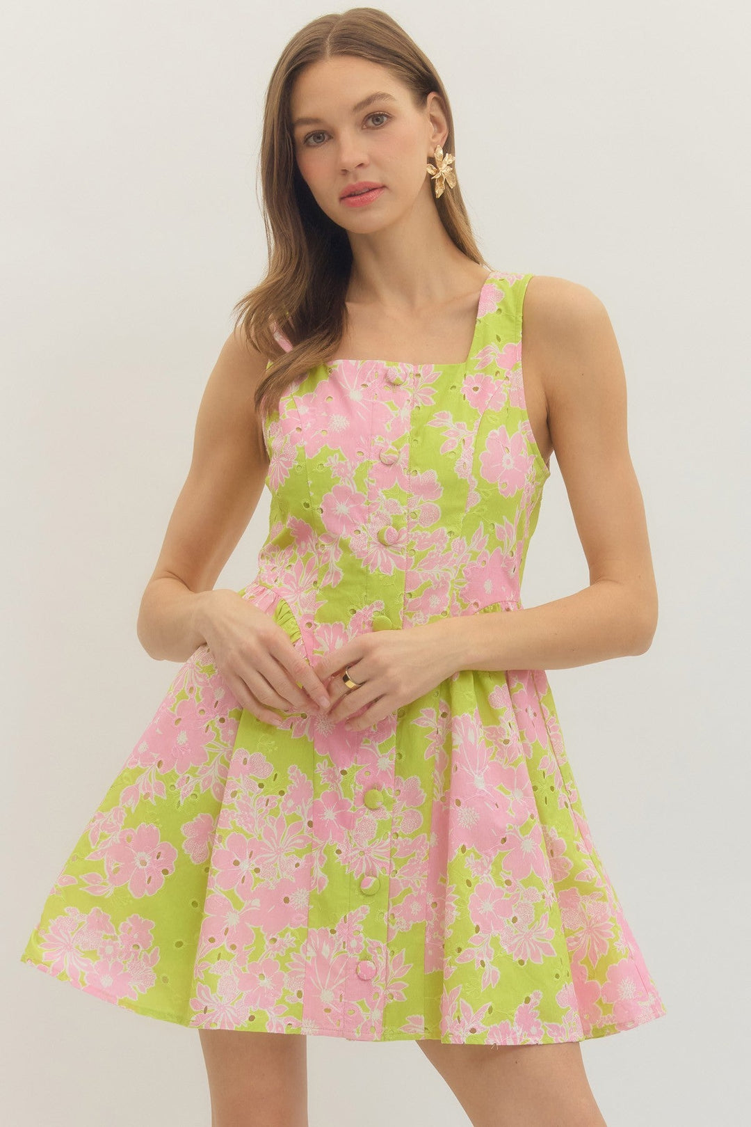 Floral Button Front Mini Dress - Lush Lemon - Women's Clothing - Entro - 90488511048957