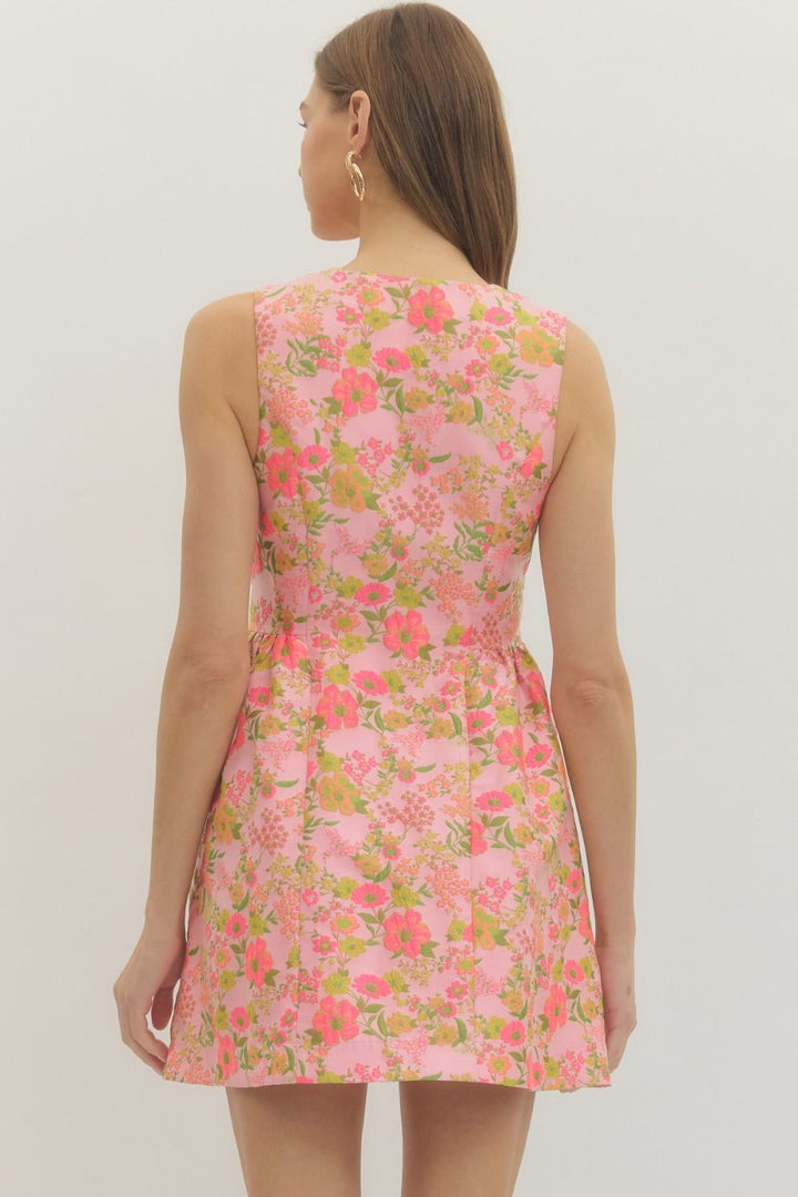 Floral Button Front Mini Dress - Lush Lemon - Women's Clothing - Entro - 90869911052637