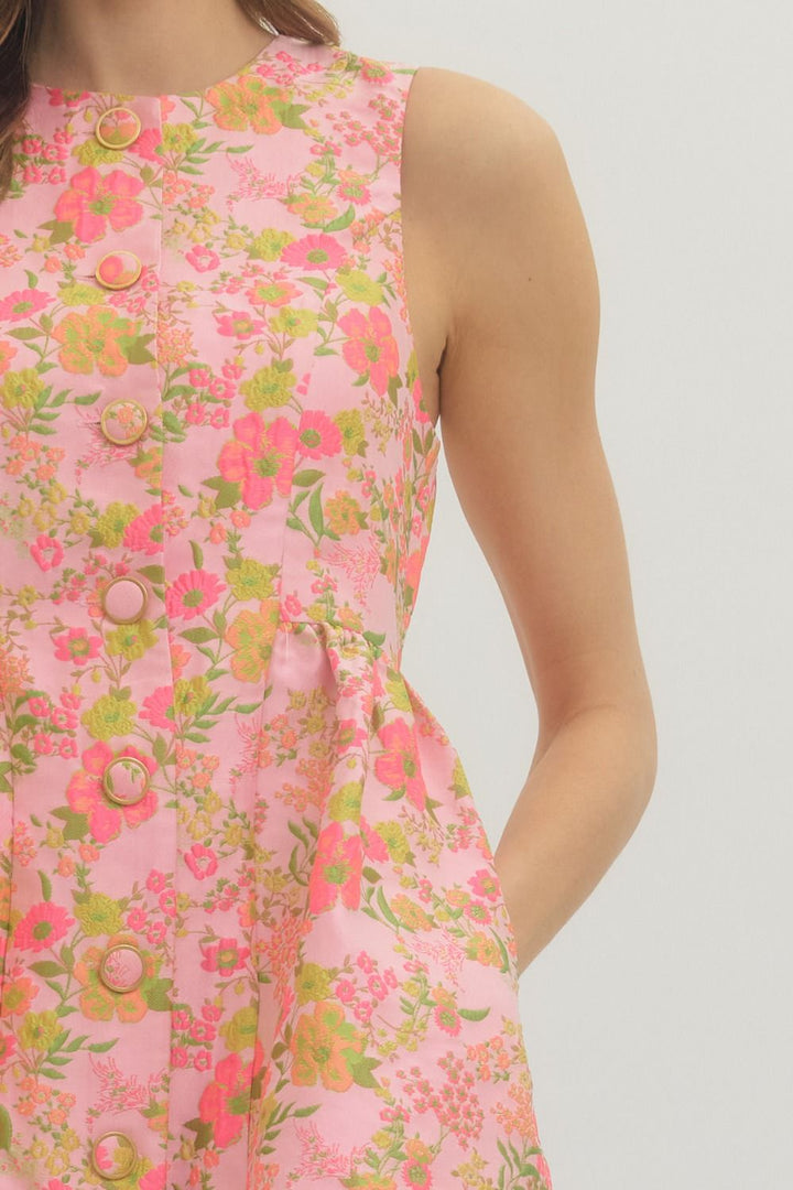 Floral Button Front Mini Dress - Lush Lemon - Women's Clothing - Entro - 90869911052637