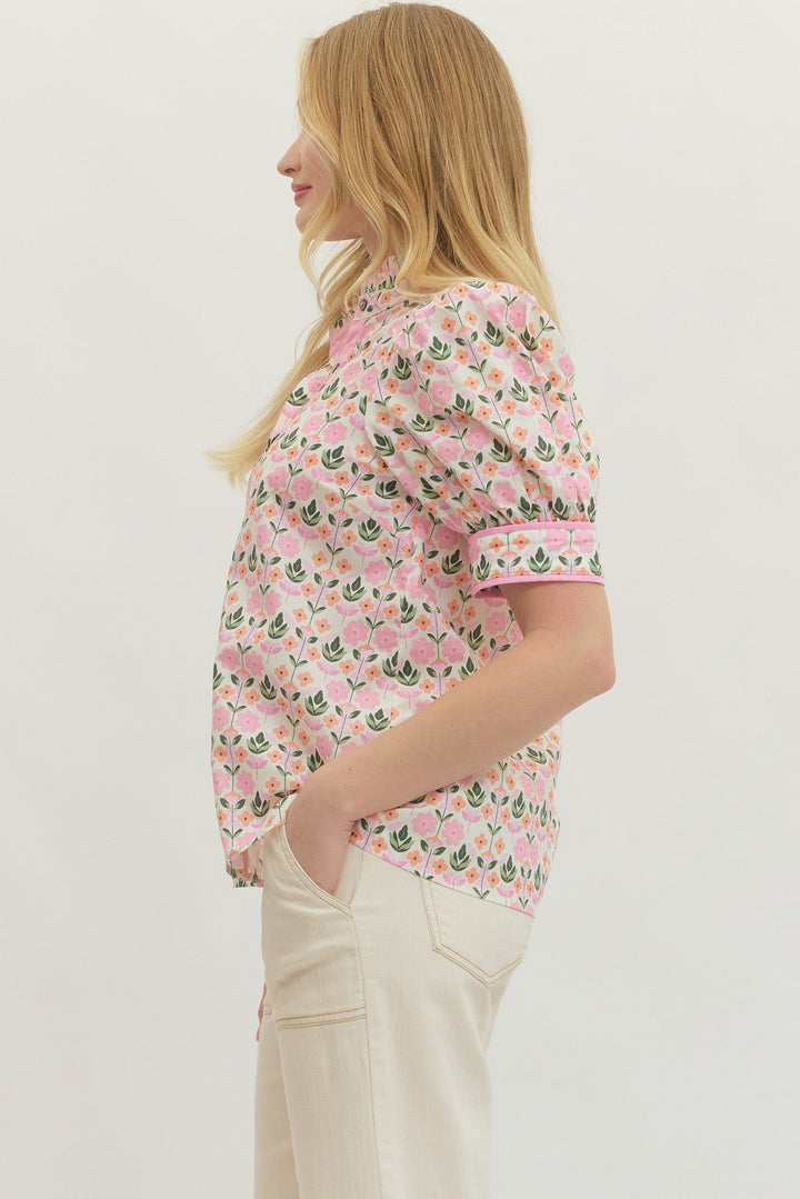 Floral Button Front Puff Sleeve Top - Lush Lemon - Women's Clothing - Entro - 98675271099997