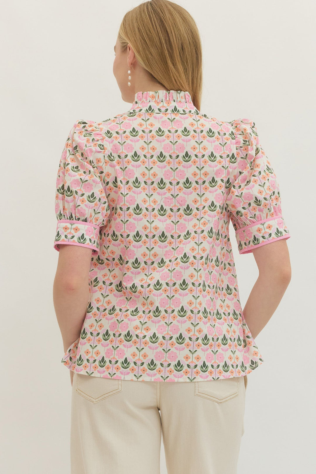 Floral Button Front Puff Sleeve Top - Lush Lemon - Women's Clothing - Entro - 98675271099997