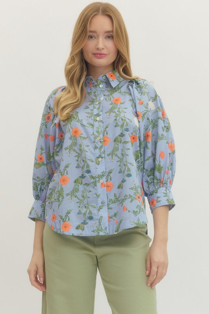 Floral Button Front Puff Sleeve Top W/ Collar - Lush Lemon - Women's Clothing - Entro - 80533111038077