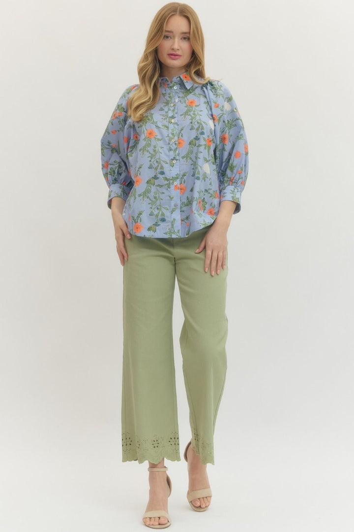 Floral Button Front Puff Sleeve Top W/ Collar - Lush Lemon - Women's Clothing - Entro - 80533111038077