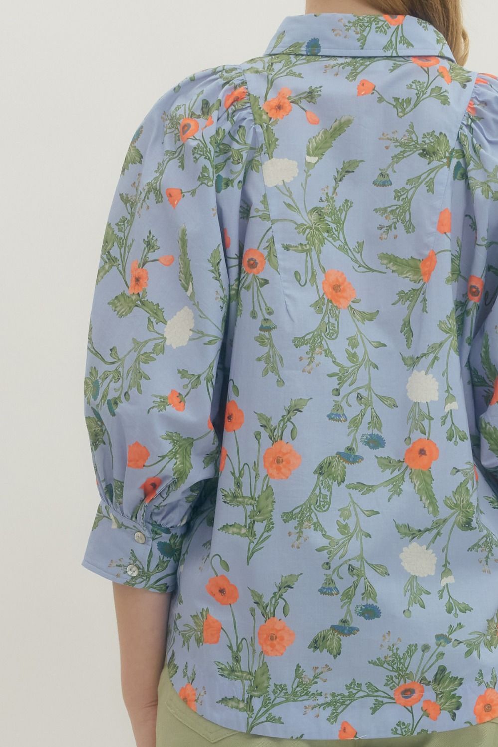 Floral Button Front Puff Sleeve Top W/ Collar - Lush Lemon - Women's Clothing - Entro - 80533111038077