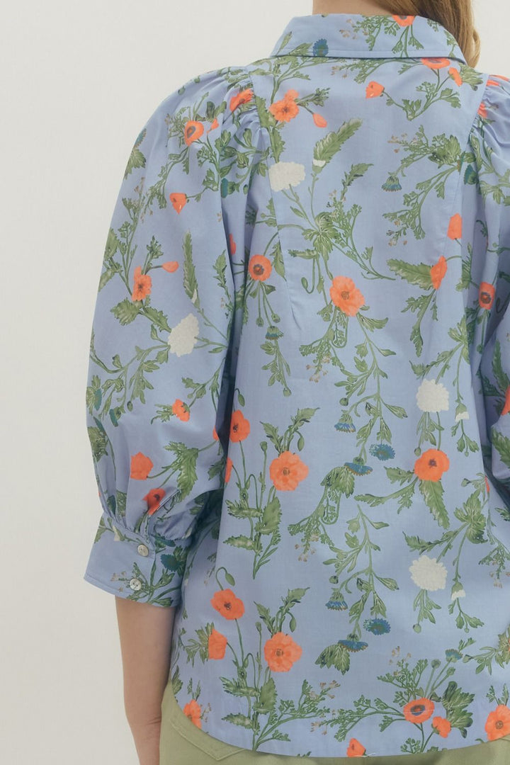Floral Button Front Puff Sleeve Top W/ Collar - Lush Lemon - Women's Clothing - Entro - 80533111038077