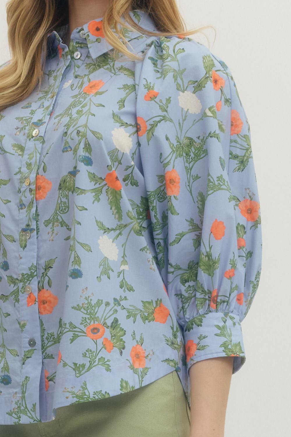 Floral Button Front Puff Sleeve Top W/ Collar - Lush Lemon - Women's Clothing - Entro - 80533111038077