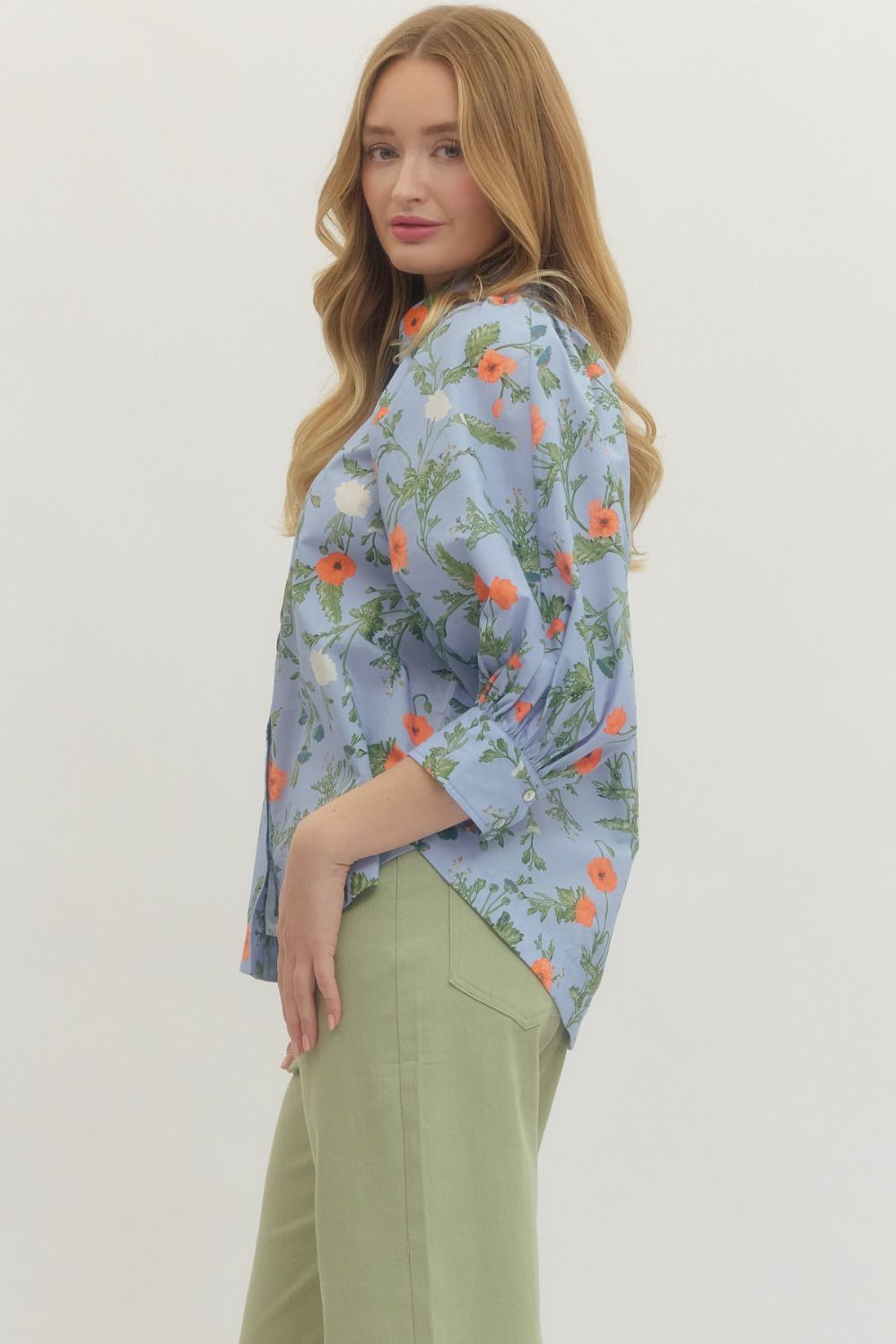 Floral Button Front Puff Sleeve Top W/ Collar - Lush Lemon - Women's Clothing - Entro - 80533111038077