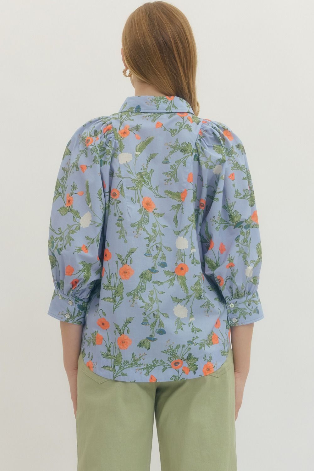 Floral Button Front Puff Sleeve Top W/ Collar - Lush Lemon - Women's Clothing - Entro - 80533111038077